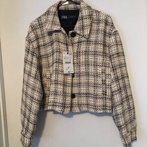 Zara Women's Cream and Black Checkered light jacket- NEW